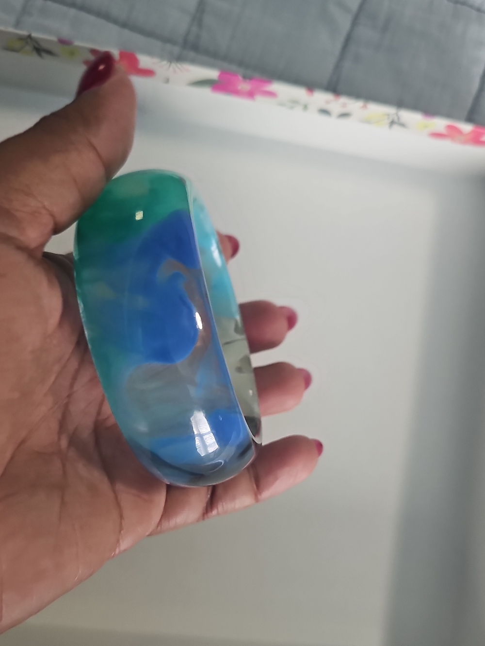 Handcrafted Blue-Green Resin Bangle Bracelet